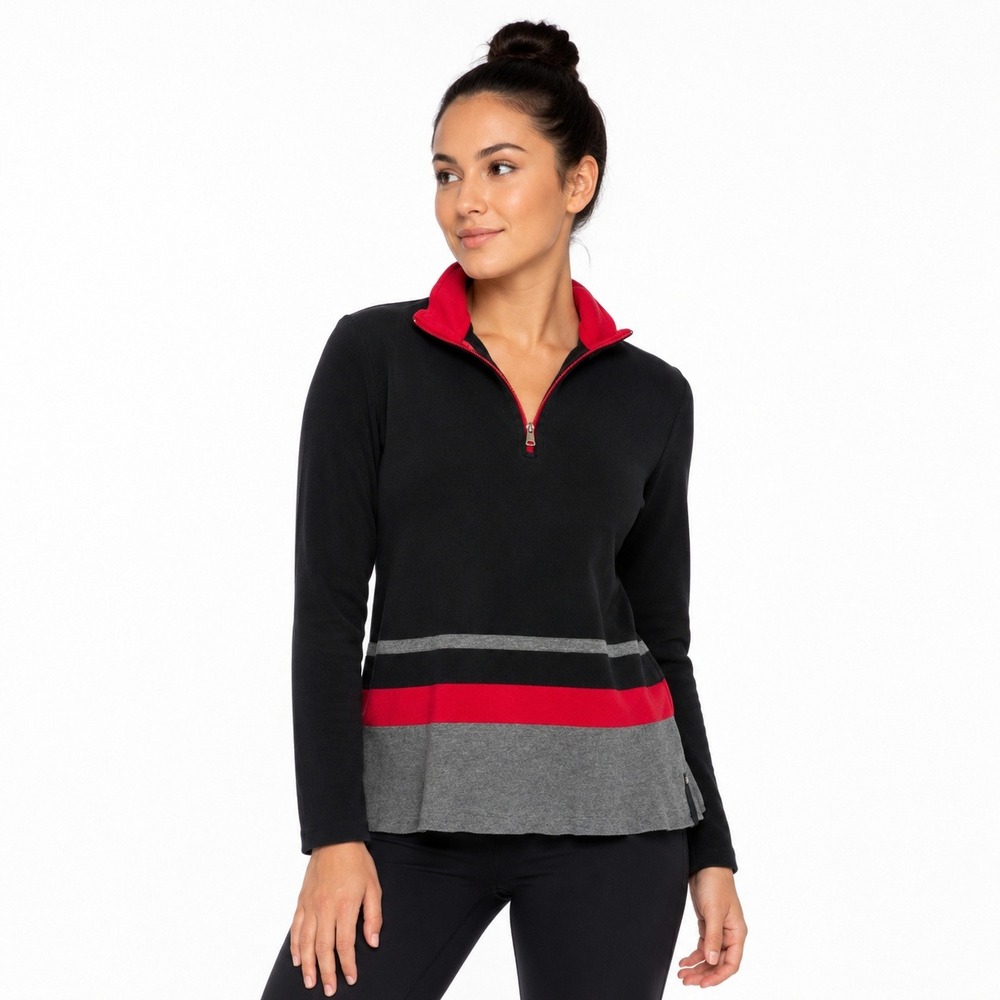 Lauren Active Pullover Women Large Black Red Striped Quarter Zip Waffle Knit